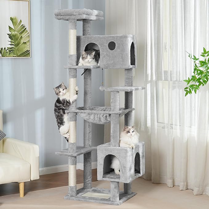 72” Cat Tree for Large Cats Big Cat Tower with Enlarged Hammock 21.6x17.7” Spacious Cats Condo House and Roomy Top Bed and Multiple Scratch Posts for Indoor Adult Cats (Grey, XLarge-72)-PawvioPets