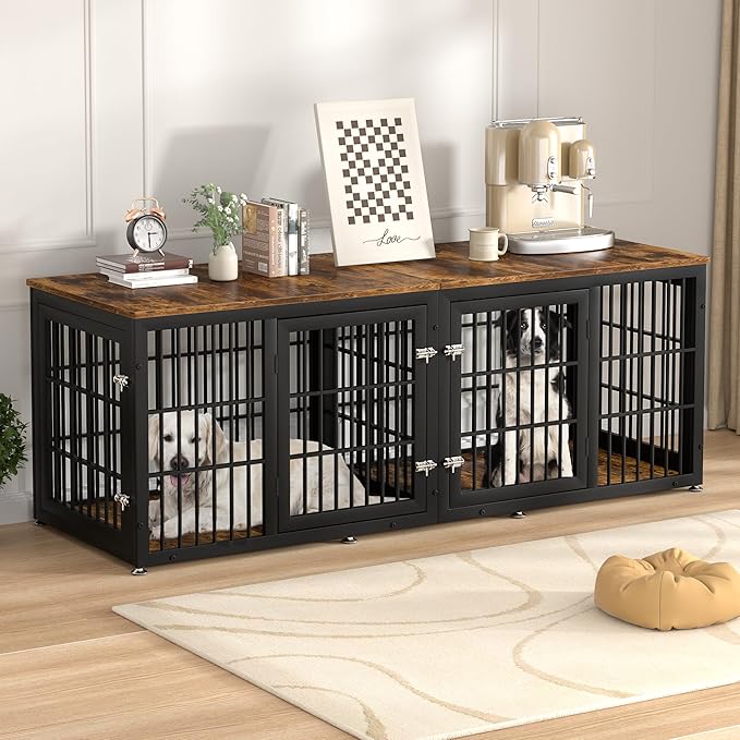 78 Inch Double Dog Crate Furniture, Heavy Duty Extra Large Cage Furniture with Divider for 2 Dogs, Decorative Wooden Kennel Furniture Indoor, Metal Pet House for Large and Medium Dogs-PawvioPets