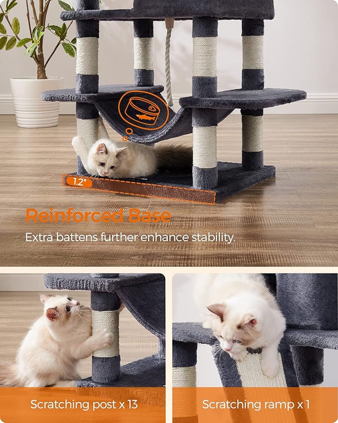 Feandrea Cat Tree, 66.1-Inch Large Cat Tower with 13 Scratching Posts, 2 Perches, 2 Caves, Basket, Hammock, Pompoms, Multi-Level Plush Cat Condo for Indoor Cats, Smoky Gray UPCT165G01-PawvioPets