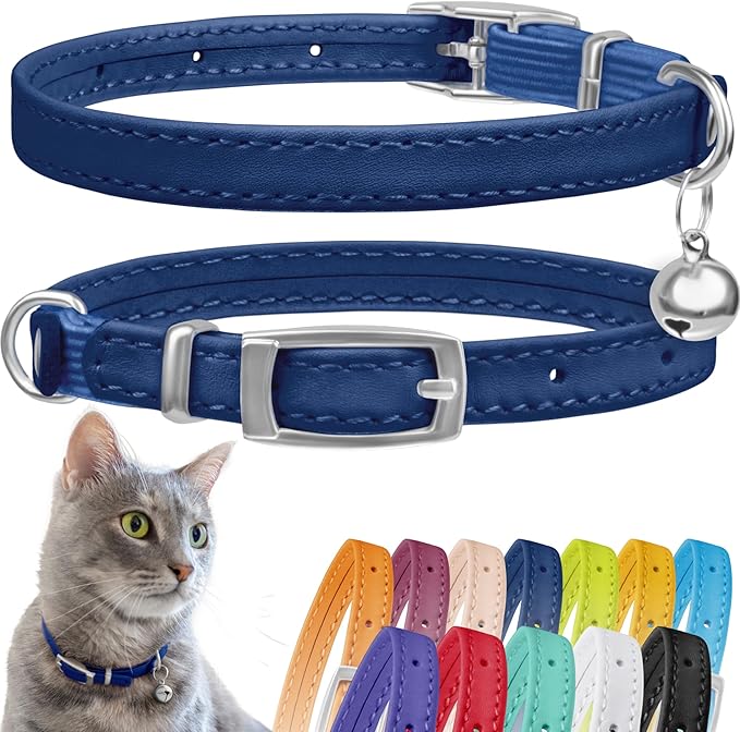 CollarDirect Leather Cat Collar, Kitten Collar with Removable Bell Black Blue Red Orange Lime Green (Neck Fit 8"-11", Navy Blue)-PawvioPets