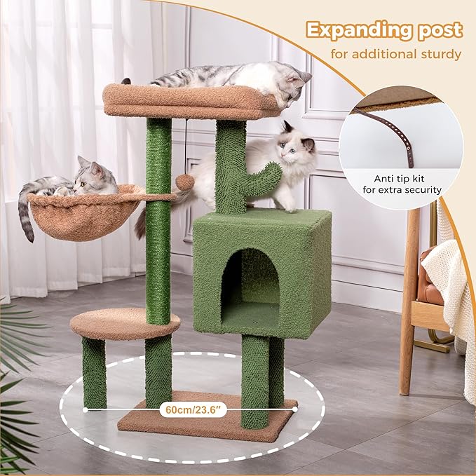 Cactus Cat Tree Small Cat Tower with 32 Inches Scratching Post with Cats Condo House, Cozy Hammock and Removable Top Bed and Dangling Ball for Indoor Cats-34” Green-PawvioPets
