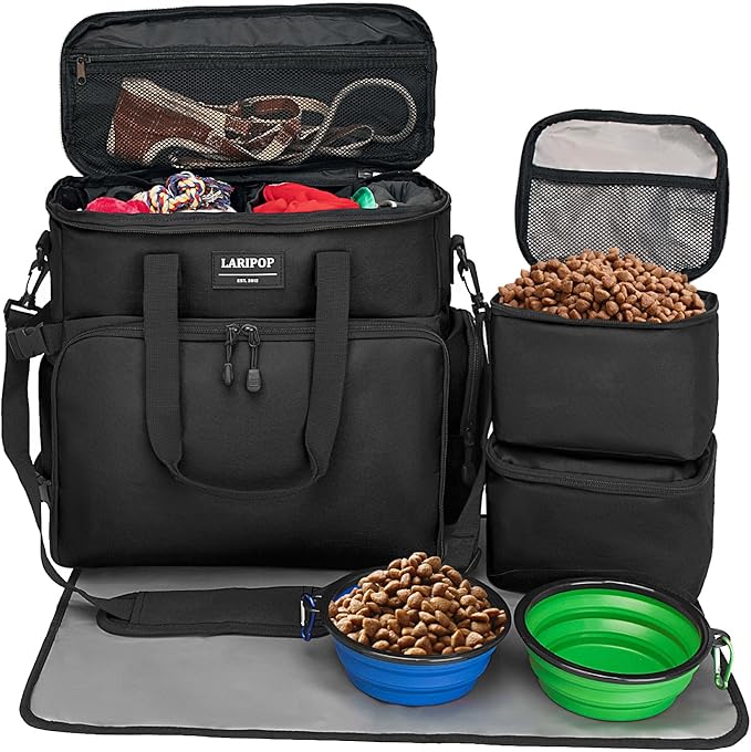 Dog Travel Bag,Weekend Pet Travel Bag Set for Dog and Cat,Airline Approved Tote Multi-Function Dog Bags for Traveling,Include 2 Collapsible Bowls,2 Food Storage Containers,1 Feeding Mat,Black-PawvioPets