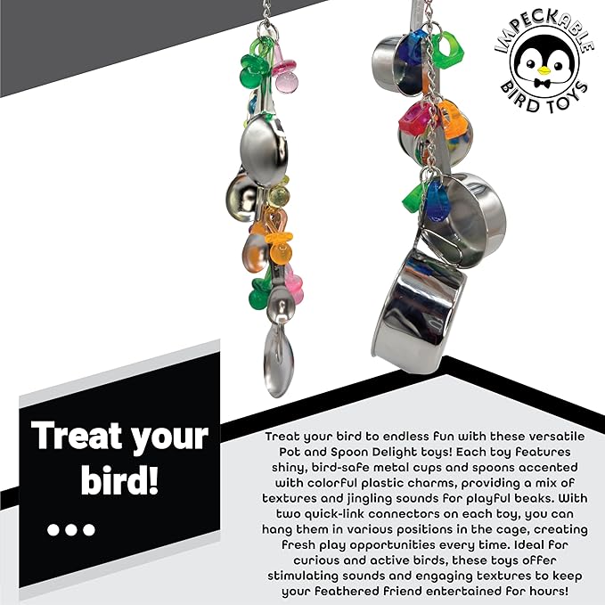 1970 Pk2 Pot and Spoon Delight Features Shiny pots and Spoons with Acrylic Rings and Pacifiers, Handcrafted for African Greys Amazons Macaws-PawvioPets