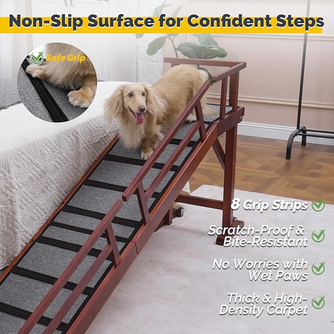 Dog Ramp for Bed or Couch, Wooden Pet Ramp with 20° Gentle Slope, Removable Side Rails, Non-Slip Surface, Top Platform & Wheels, Safe Bed Ramp for Small, Medium & Senior Dogs, 74" Long, Mahogany-PawvioPets