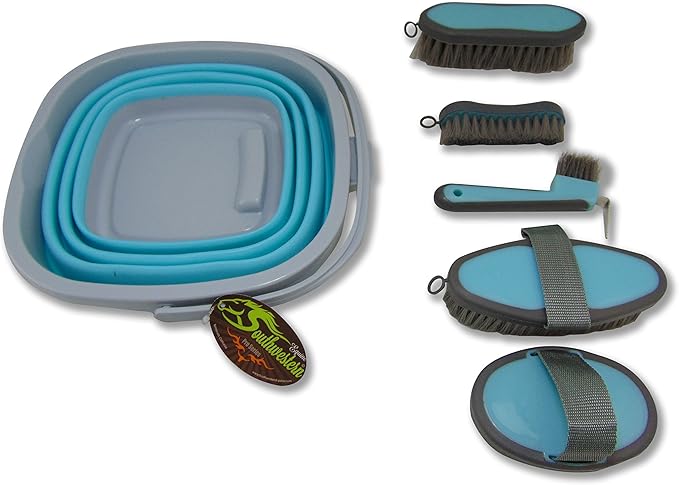 Collapsible Grooming Kit 10 Liter Bucket and 5 Grooming Tools by Southwestern Equine (Turquoise)-PawvioPets