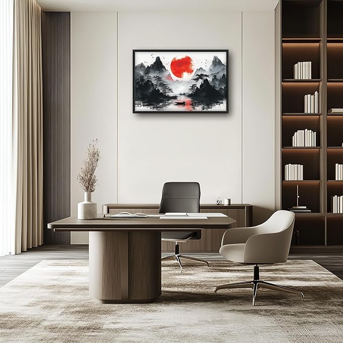 Framed Large Japanese Mountain Wall Art for Living Room, Oversized Asian Red Sun Lake Landscape Wall Decor Nature Canvas Painting Home Decoration for Living Room Bedroom Office 36"x24"-PawvioPets
