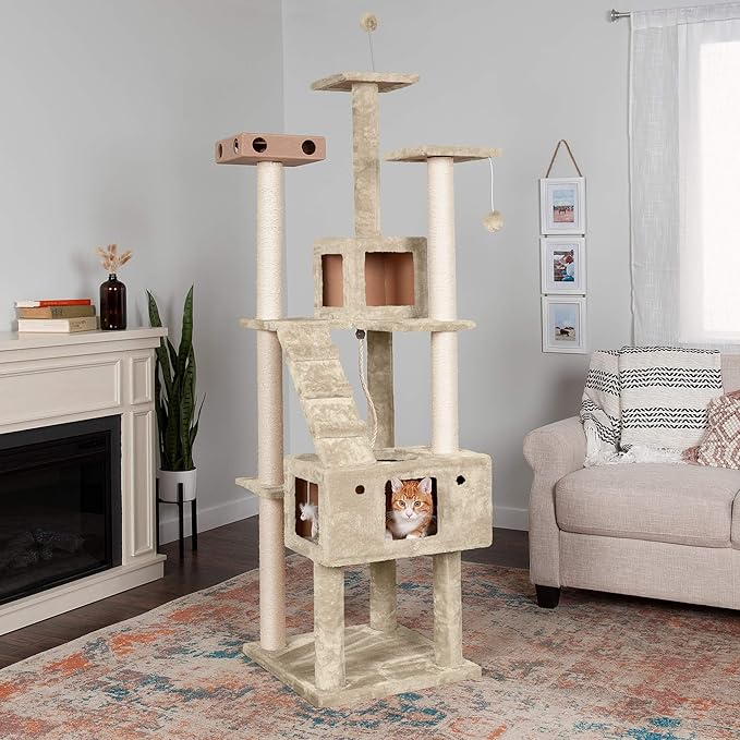 Furhaven 69.3" Tall Cat Tree for Indoor Cats, Ft. Sisal Scratching Posts, 2x Cat Condos, & Toys - Tiger Tough Double Decker Interactive Playground Tower - Cream, One Size-PawvioPets