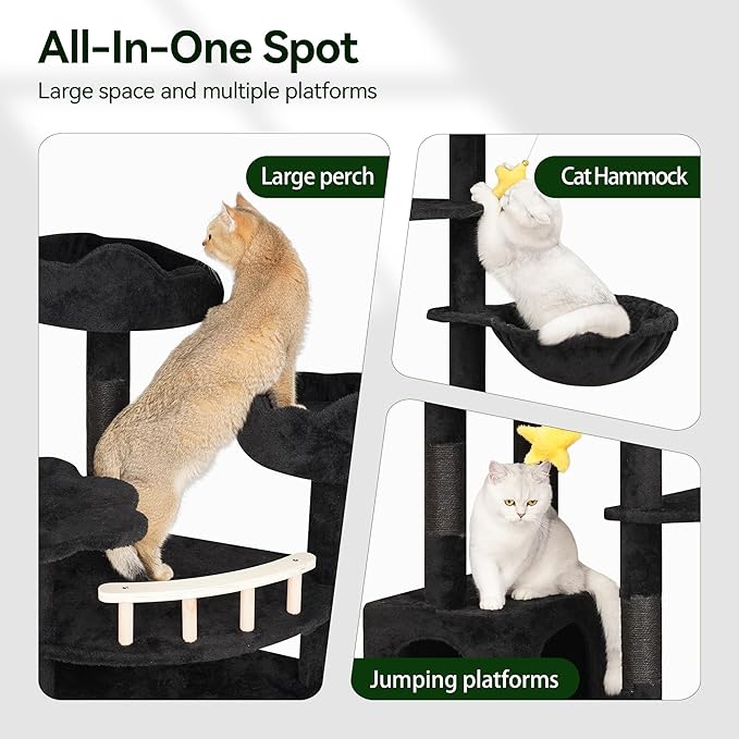85inch Giant Cat Tree for Heavy Duty Big Cats, Multi-Level Luxury Cat Tower with Scratching Post, Cat Condo with Hammocks & Plush Perches for Indoor Cats Large Adult, Black-PawvioPets