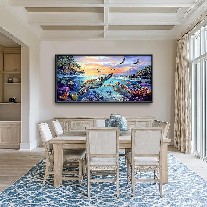 Framed Large Sea Turtle Wall Art for Living Room, Oversized Ocean Turtle Wall Decor Seascape Underwater Marine Life Canvas Painting Home Decoration for Living Room Bedroom Office 60"x30"-PawvioPets