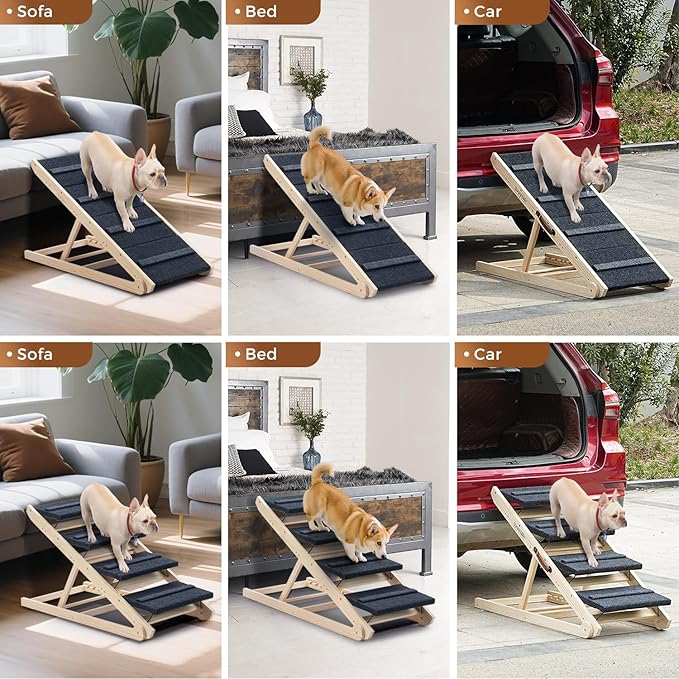 2025 Upgraded Dog Steps for Bed & Couch - 2-in-1 Dog Stairs/Ramp for Small to Large Breeds - 45.3" Long Adjustable 14"-26" Up to 200LBS - Folding Portable Wooden Pet Stairs for high Bed Couch Car-PawvioPets