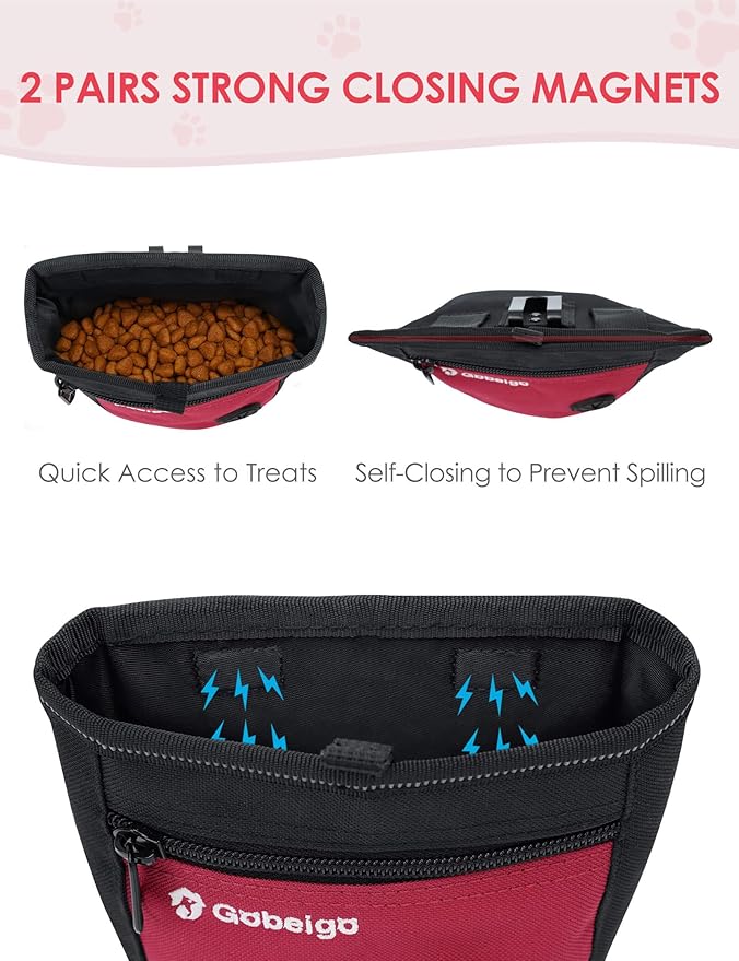Gobeigo Dog Treat Pouch and Training Clicker, Upgrade Two Magnetic Closure to Prevent Spills, 2 Cup Treat Bag with Poop Bag Dispenser, Metal Clip Waist Belt Fanny Pack for Pet Walking(Black/Red)-PawvioPets