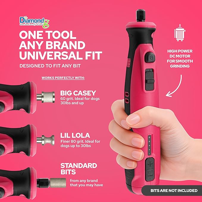 Diamondg Cordless Dog Nail Grinder with Quiet Sound & LED Tip for Large & Small Dogs, 4hrs. Runtime, 2 Bits Included, Pink-PawvioPets