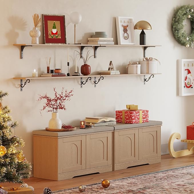 DINZI LVJ Shoe Bench, Entryway Storage Bench with Doors, Cushion, 2-Tier Shoe Rack with 6-Cubby, 31.5”L x 13.8”W Shoe Organizer Cabinet, Adjustable Shelf, Living Room, Bedroom, Natural-PawvioPets