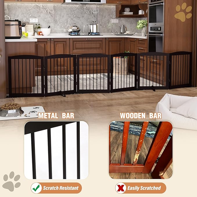 Freestanding Pet Gate for Dogs, Foldable Wooden Dog Gate for House, Extra Wide Indoor Pet Barrier for Stair, Doorway, Hall, Support Feet Included, 120 Inch Wide, 6 Panels 24", Brown-PawvioPets