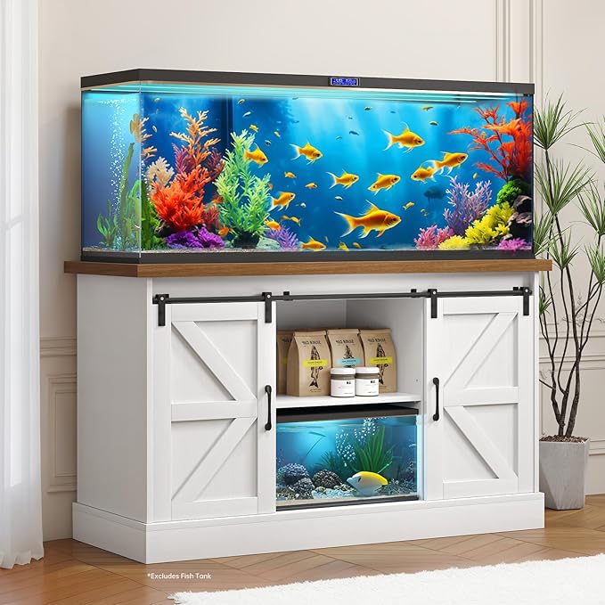 55-75 Gallon Fish Tank Stand with Sliding Barn Doors & Power Outlet, Heavy Duty Aquarium Stand with Cabinet Storage for Fish Tank, Turtle Tank, Reptile Terrarium, 1000LBS Capacity, White-PawvioPets