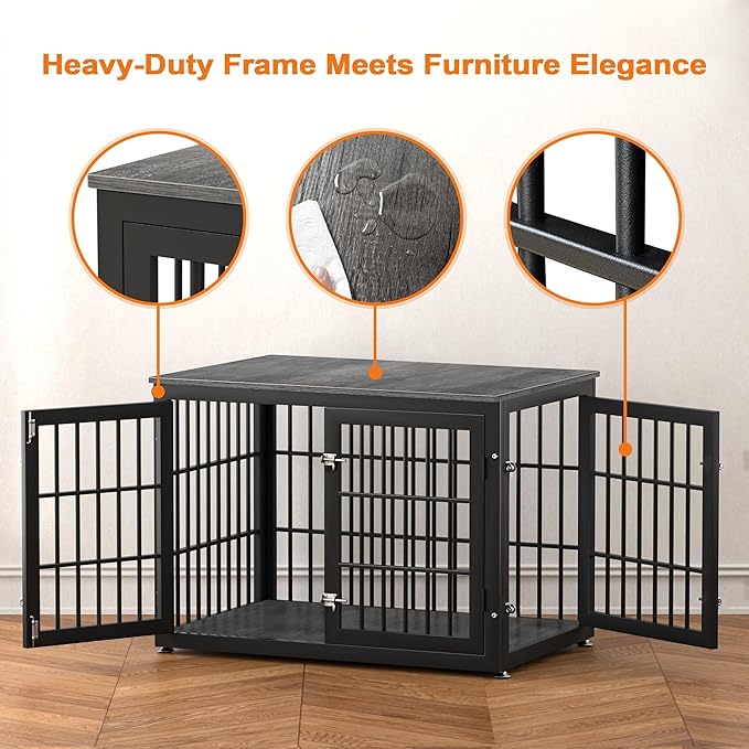 38 Inch Heavy Duty Dog Crate Furniture for Large and Medium Dogs, Decorative Pet House End Table, Wooden Cage Kennel Furniture Indoor, Gray-PawvioPets