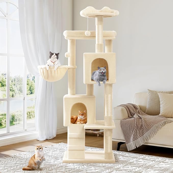 Allewie 64 Inches Cat Tree Tower/Multi-Level Activity Center for Indoor Big Felines/2 Plush Condos/2 Perchs/Basket/House/Sisal Scratching Posts/Hanging Cat Toys/Beige-PawvioPets
