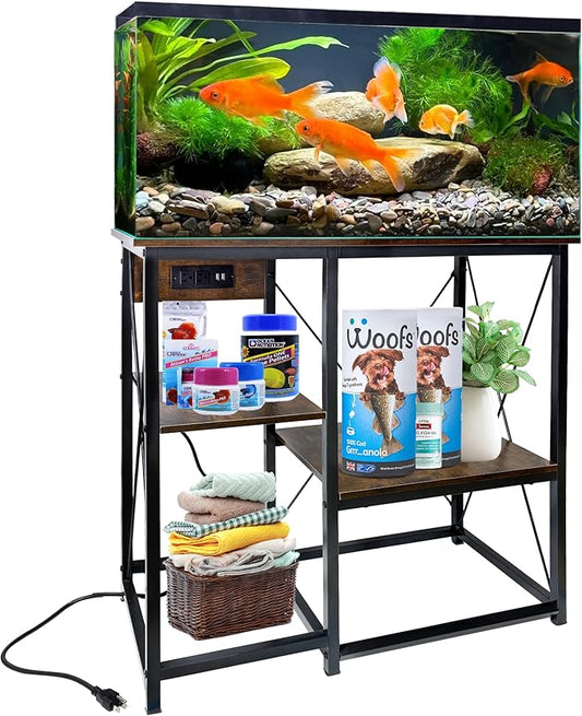 20-37 Gallon Fish Tank Stand with Power Outlet, 30.7"x13.8" Metal Frame Fish Stand, 3-Tier Wood Aquarium Stand, 400LBS Capacity Reptile Terrarium Stand-PawvioPets