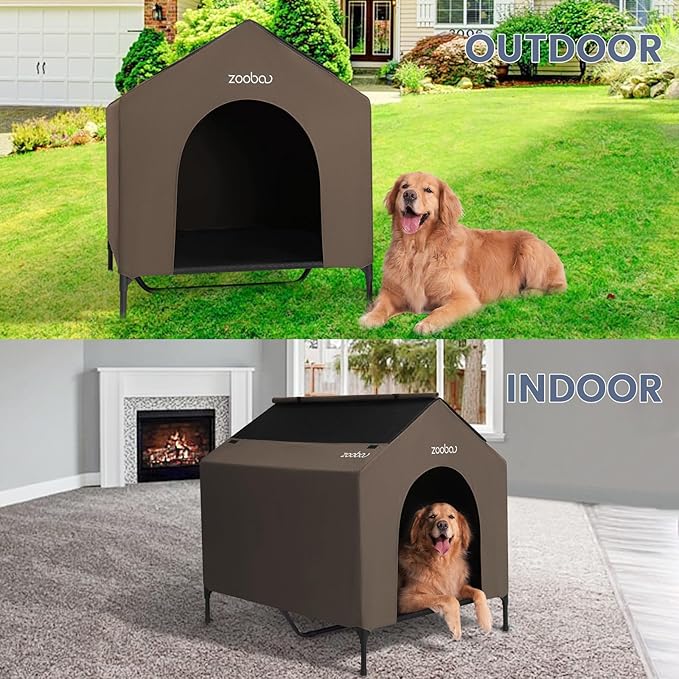 42" 2-in-1 Dog House for Medium Dogs, Elevted Dog House Outdoor/Indoor, Puppy Shelter Outside,Water Resistant 600D PVC and Durable 2x1 Textilene Raised Dog Bed(Brown)-PawvioPets