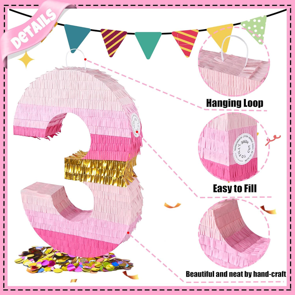 PCFING 20 Inch Number 3 Piñata Pink Gold with 30 Inch Piñata Stick Blindfold Confetti for Boys Girls Adults Birthday Party Decorations, Anniversary Celebration, Fiesta