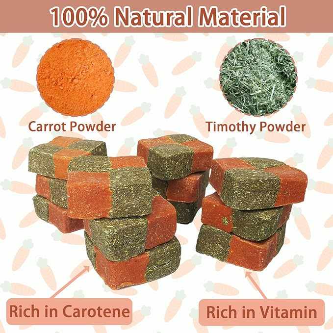 Fhiny 12 PCS Rabbit Carrots Chew Toys, Natural Timothy Hay Biscuit Cubes Rabbit Carrot Molar Treats Small Pet Snacks for Bunny Hamster Chinchilla Guinea Pig or Other Small Animals-PawvioPets