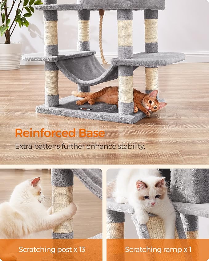 Feandrea Cat Tree, 66.1-Inch Large Cat Tower with 13 Scratching Posts, 2 Perches, 2 Caves, Basket, Hammock, Pompoms, Multi-Level Plush Cat Condo for Indoor Cats, Light Gray UPCT165W01-PawvioPets