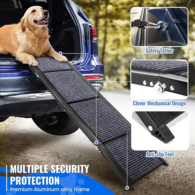 Dog Ramp for Car, 63"x17" Foldable Car Ramp for Dogs, Dog Car Dog Ramps for Large Dogs SUV, Car Dog Ramp with Non-Slip Rug Surface, Folding Dog Ramp for Truck, SUV-PawvioPets