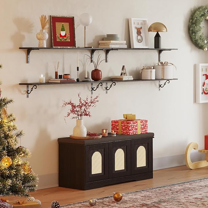 DINZI LVJ Shoe Bench, Entryway Storage Bench with Doors, Cushion, 2-Tier Shoe Rack with 6-Cubby, 39.4”L x 13.8”W Shoe Organizer Cabinet, Adjustable Shelf, Living Room, Bedroom, Espresso with Rattan-PawvioPets