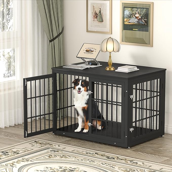 42 Inch Heavy Duty Dog Crate Furniture for Large and Medium Dogs, Decorative Pet House End Table, Wooden Cage Kennel Furniture Indoor, Black-PawvioPets