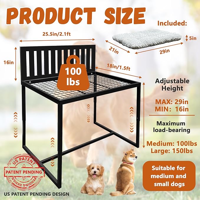 Beside Dog Bed,Adjustable Height Dog Bunk Beds,25.5‘’x18‘’Metal Dogs Bed Frame with Removable Cushion,Medium-PawvioPets