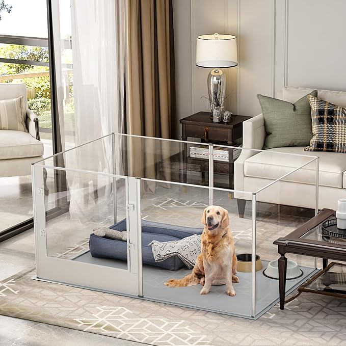 Dog Clear Playpen Fence Kennel: 32" Extra Tall Puppy Birthing Enclosure with Waterproof Fertility Pad - 64"x43" Pet Heavy Duty Play Pin Corral with Transparent View and Lockable Door for Dogs Bunny-PawvioPets
