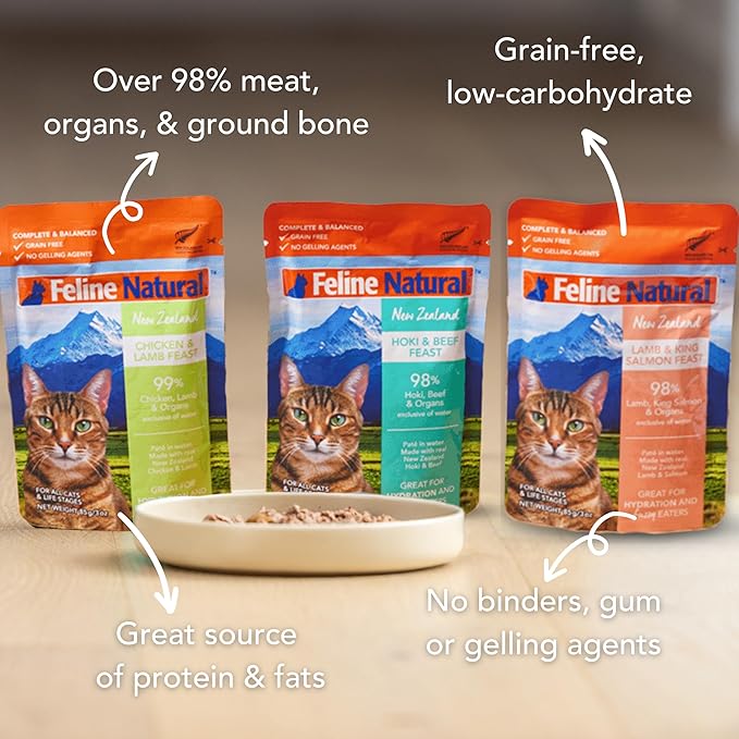 Feline Natural Wet Cat Food Variety Pack - Chicken, Lamb, Salmon & Beef Feast, Grain-Free, 3oz Pouches, New Zealand Made, Assorted Single Serve Pates (12 Pack)-PawvioPets