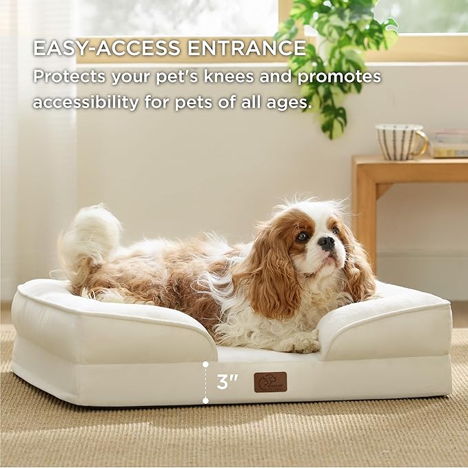 Bedsure Orthopedic Dog Bed Medium Size Dogs - Washable Medium Dog Cat Bed Waterproof, Comfort Pet Couch Sofa with Washable Removable Cover, Pets Bed with Nonskid Bottom, Ivory, 28"-PawvioPets