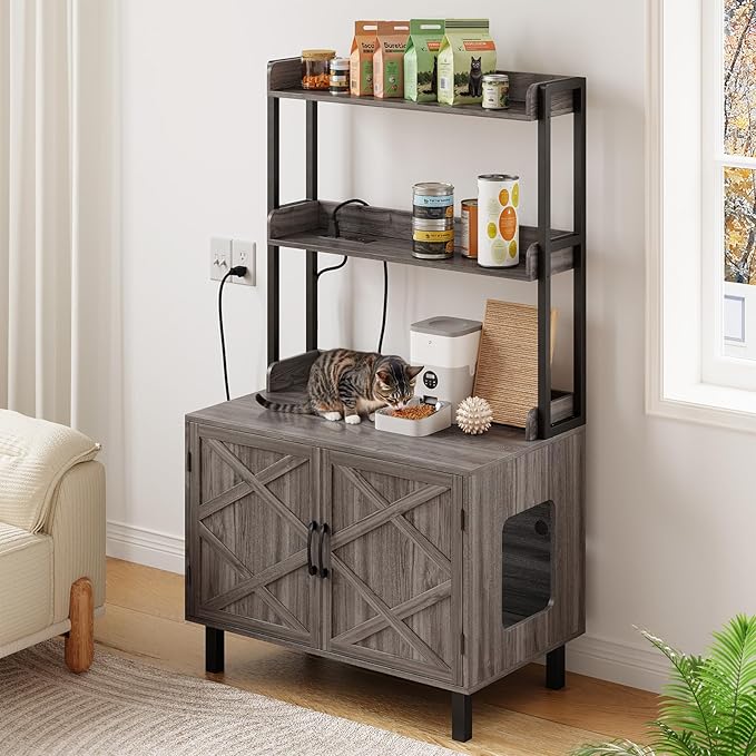 55 Inches Cat Litter Box Enclosure, Hidden Litter Box Furniture with 2 Storage Shelves and Charging Sockets, Wooden Cat House, Large Indoor Cabinet for Living Room & Entryway, Grey-PawvioPets