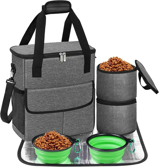 Dog Travel Bag for Camping - Weekend Pet Accessories With 2 Collapsible Bowls, 2 Food Containers, 1 Waterproof Feeding Mat - M, Grey-PawvioPets
