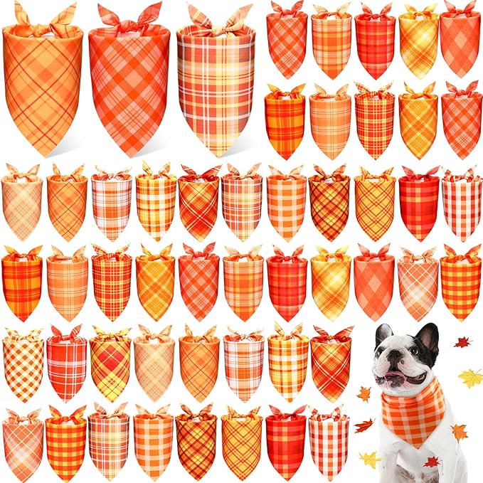 Abbylike 50 Pcs Fall Plaid Dog Bandanas Bulk Autumn Bandanas for Dogs Triangle Kerchief Bibs Scarf for Small Medium Large Pets Thanksgiving Costume Accessories, 25 Styles (31.5 x 21.7 x 21.7 Inch)-PawvioPets