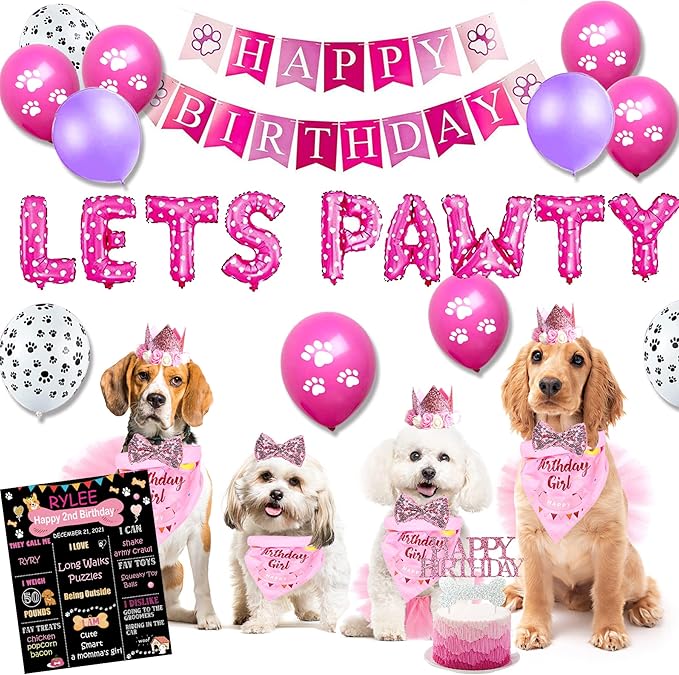 Dog Birthday Party Supplies, Pink Dog Birthday Decorations, Lets Pawty Balloons Banner Hat Bandana Tutu Skirt Outfit for Small Medium Dogs-PawvioPets