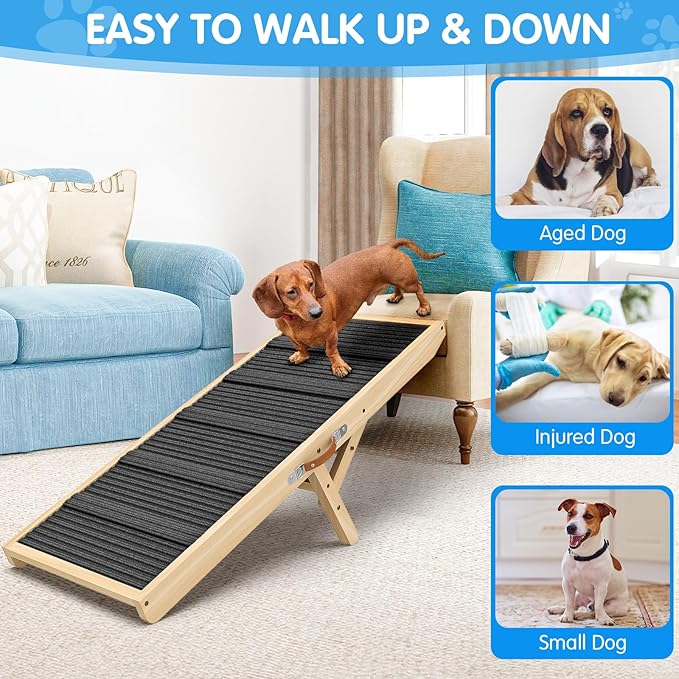 Dog Ramp for Couch, Bed, Wooden Long Pet Stairs for Small & Large Old Dogs & Cats, Hold up to 100lb, Adjustable Height from 11.41" to 20.47", Portable Doggie Steps (39.37" Long)-PawvioPets