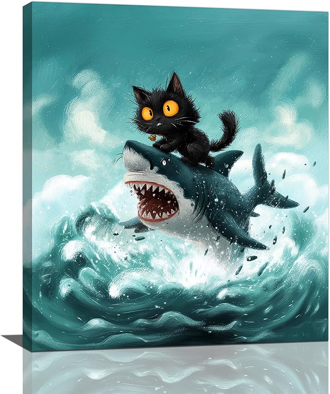 Funny Black Cat Bathroom Wall Art Cute Cat Riding Shark Canvas Wall Decor Animal Kitten Pictures Painting Print Artwork Framed Decorations Gifts for Cat Lover Kids Room Bedroom 24"x20"-PawvioPets