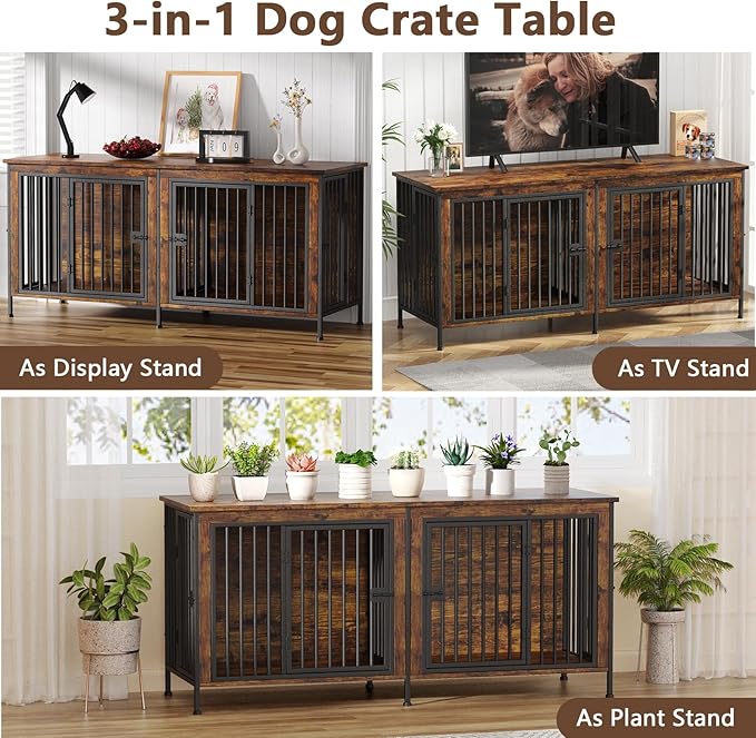 EasyCom 78 Inch Dog Crate Furniture for 2 Dogs, Extra Large Double Dog Cage Large Breed, XXL Thick Wooden Dog Crate TV Stand, Sturdy Dog Kennel with Divider-PawvioPets