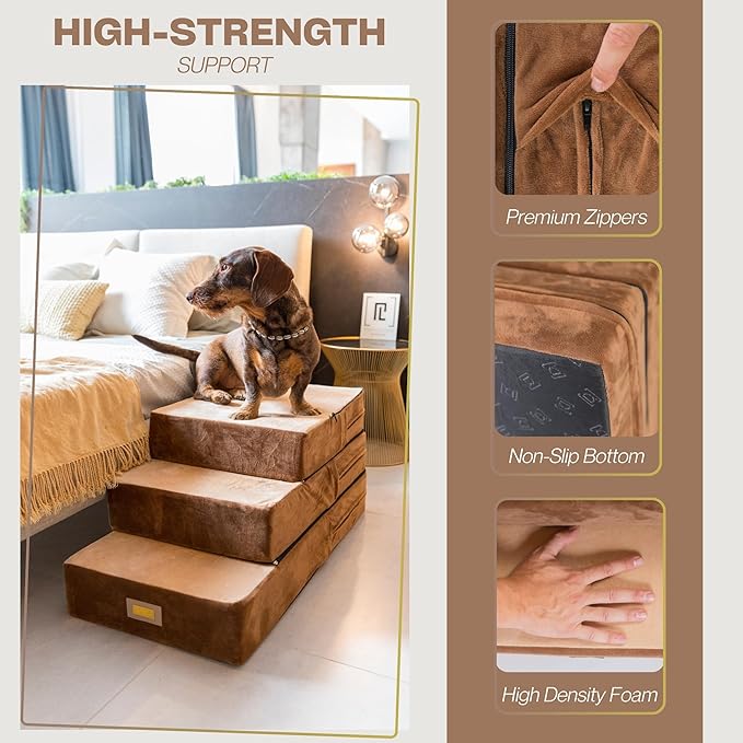 All-in-One Adjustable Dog Stairs – 5-Step Premium Pet Ramp for Small to Large Dogs – Sturdy, Non-Slip & Versatile for Beds, Sofas & More - Soft Cover, Modern Design (Brown)-PawvioPets