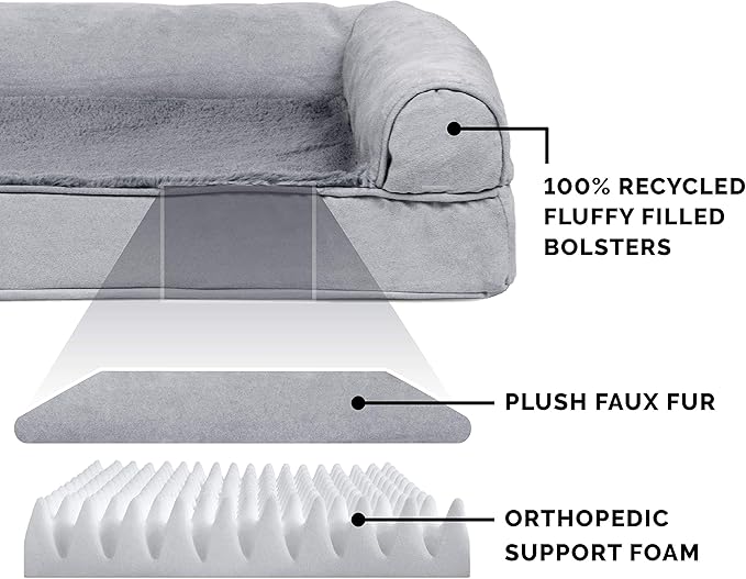 Furhaven Orthopedic Dog Bed for Large Dogs w/ Removable Bolsters & Washable Cover, For Dogs Up to 95 lbs - Plush & Suede Sofa - Gray, Jumbo/XL-PawvioPets