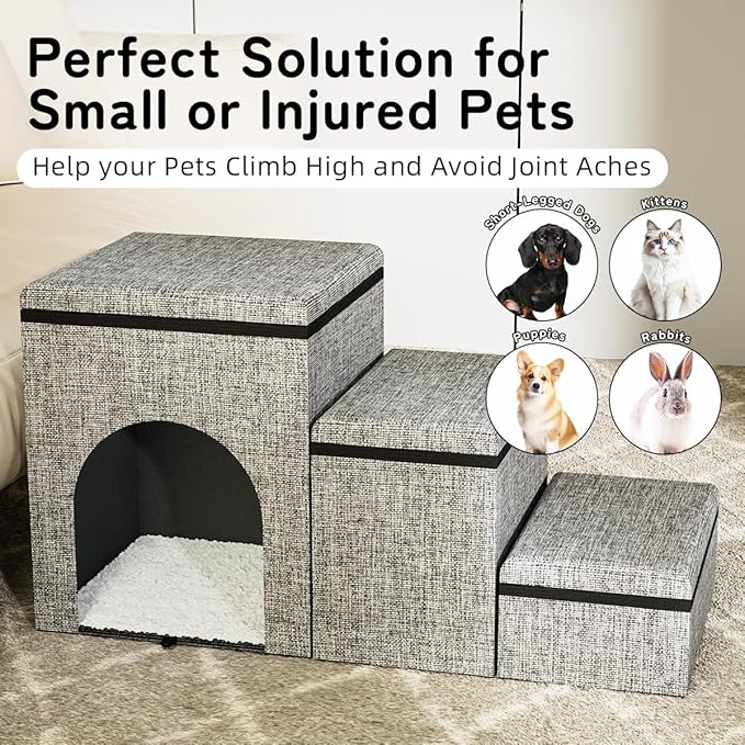 Dog Stairs with Storage, 3-Step Wider Dog Steps with Condo for Dogs and Cats, Pet Stairs for High Bed Climbing, Grey-PawvioPets
