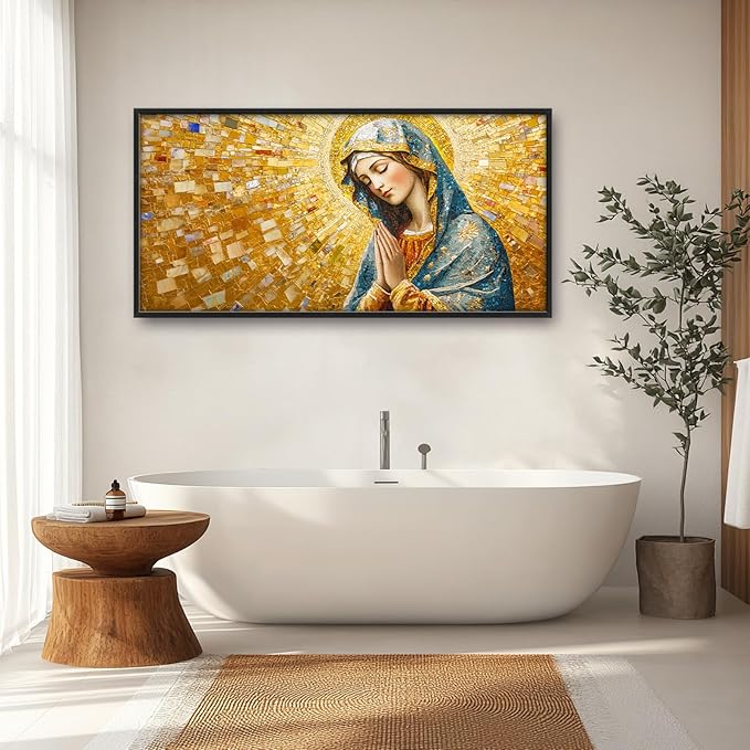 Extra Large Virgin Mary Framed Wall Art for Living Room,Oversized Golden Christian Religious Pictures Wall Decor,Canvas Print Painting Modern Artwork Bedroom Office Bathroom 60L" x 30W"-PawvioPets