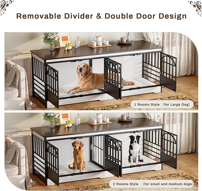 COZPAW 86 Inch Double Dog Crate Furniture for 2 Large Dogs, Decorative Dog Kennel Indoor TV Stand, Heavy Duty Wooden Dog Cage for Large Medium Dogs Sized Dog Pet House with Divider (White)-PawvioPets