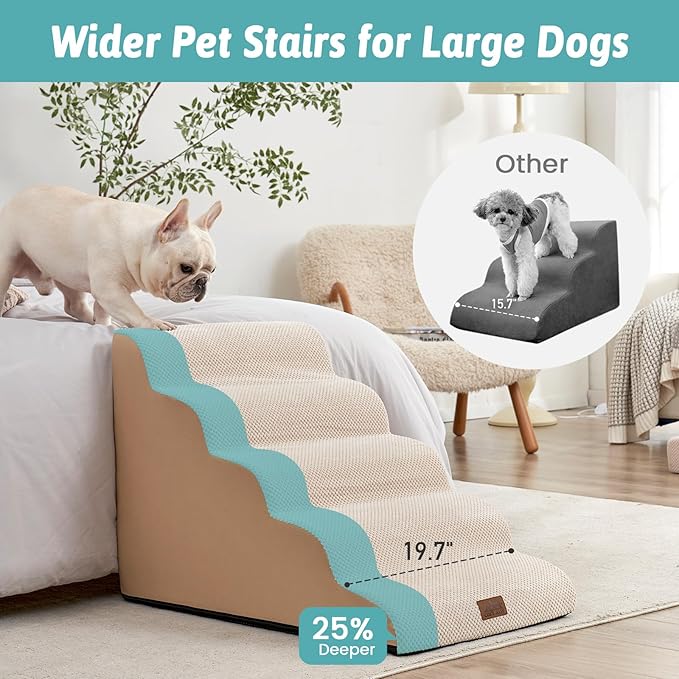 Extra Wide Dog Stairs 19.7" Width, Pet Step for Small Medium/Large Dog, Puppy or Cat, Pet Ramp for High Bed or Car, High Density Foam Ladder, Stable, 5 Step, 19.7x33x22.4 in, Beige-PawvioPets
