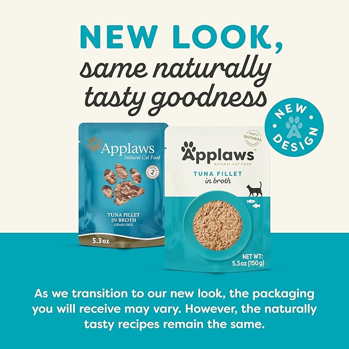 Applaws Natural Wet Cat Food in Broth, Limited Ingredient Wet Cat Food Pouches, No Additives, Made with Natural Ingredients, Tuna Fillet in Broth (12 x 5.3oz Pouches)-PawvioPets