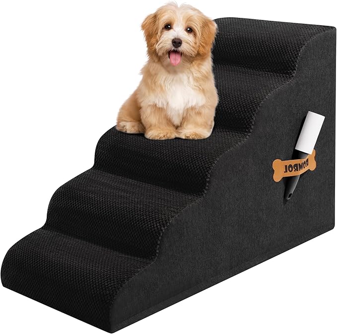 Dog Stairs, Romrol Dog Steps Ramp for High Bed and Couch, Dogs Ramp with Durable Non-Slip Waterproof Fabric Cover, Pet Stairs for Small Dogs and Cats or Pets Joints, 4-TiersBlack-PawvioPets
