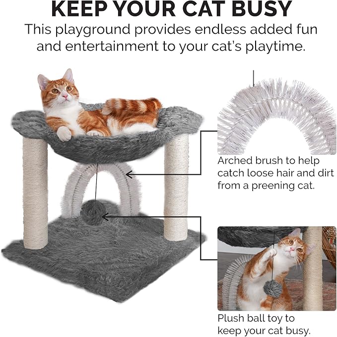 Furhaven 15.75" Tall Playground for Indoor Cats, Ft. Sisal Scratching Posts, Self-Grooming Brush, & Toy - Tiger Tough Hammock Interactive Playground - Silver, One Size-PawvioPets
