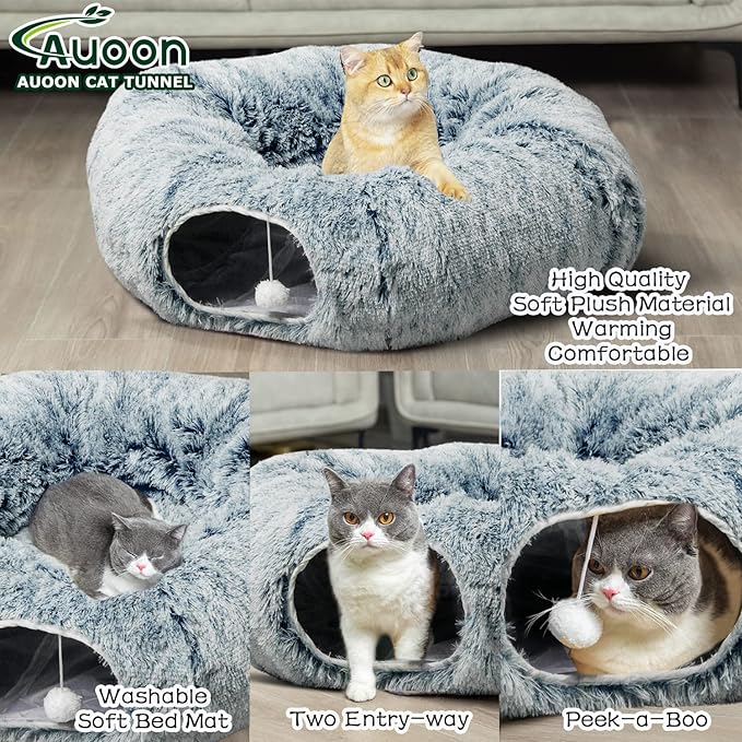 AUOON Cat Tunnel Bed - Cat Donut Tunnel with Soft Plush Circle Cushion for Indoor Cats Kitten Kitty Puppy Rabbit Ferret (Gray)-PawvioPets